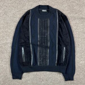 Vintage Torras‎ Navy & Black Wool Knit Leather Suede Heavyweight Sweater Men’s L